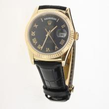 Rolex Day-Date 3156 Automatic Movement Gold Case Roman Markers with Black Dial-Leather Strap