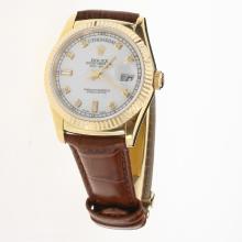Rolex Day-Date 3156 Automatic Movement Gold Case Diamond Markers with White Dial-Leather Strap