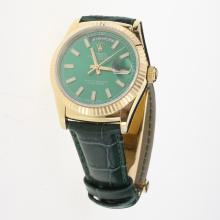 Rolex Day-Date 3156 Automatic Movement Gold Case Stick Markers with Green Dial-Leather Strap