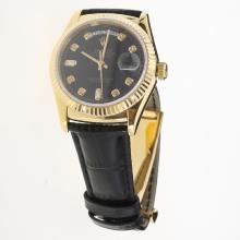 Rolex Day-Date 3156 Automatic Movement Gold Case Diamond Markers with Black Dial-Leather Strap