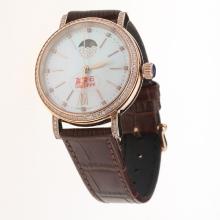 IWC Portofino Moonphase Automatic Rose Gold Case Diamond Bezel with MOP Dial-Brown Leather Strap