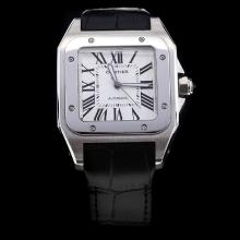 Cartier Santos 100 Automatic with White Dial-Black Leather Strap