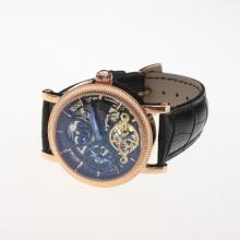 Patek Philippe Tourbillon Working Two Time Zone Automatic Rose Gold Case with Skeleton Dial-Leather Strap