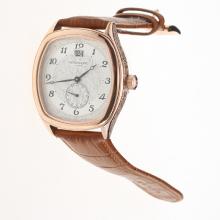 Patek Philippe Rose Gold Case Number Markers with White Dial-Leather Strap