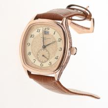 Patek Philippe Rose Gold Case Number Markers with Champagne Dial-Leather Strap