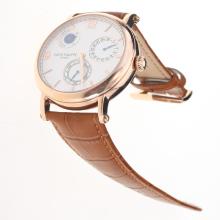 Patek Philippe Working Power Reserve Automatic Rose Gold Case with White Dial-Leather Strap