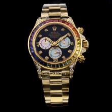 Rolex Daytona Chronograph Asia Valjoux 7750 Movement Full Gold Diamond Bezel with Black Dial