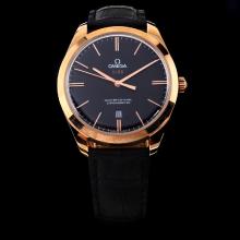 Omega Master Co-Axial Swiss ETA 8520 Movement Rose Gold Case with Black Dial-Leather Strap