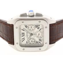 Cartier Santos 100 Chronograph Asia Valjoux 7750 Uhrwerk Mit White Dial-Brown Leather Strap