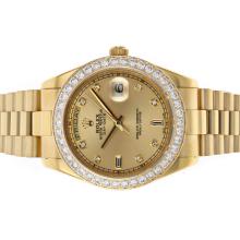 Rolex Day-Date II Swiss ETA 2836 Bewegung Full Gold Diamond Bezel Und Markierungen Mit Golden Dial